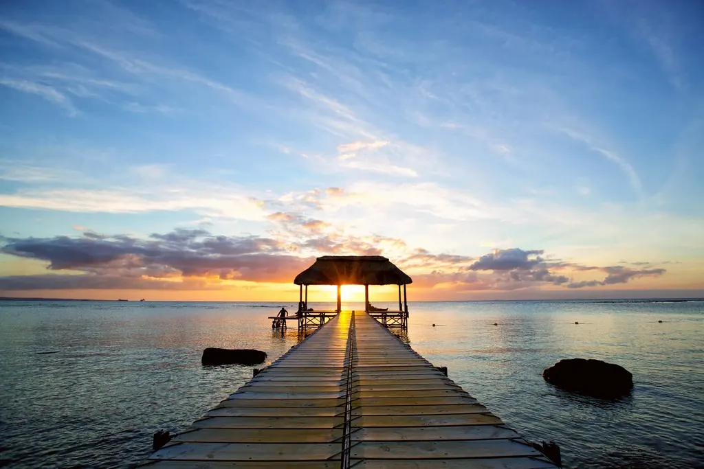 A jetty over the lagoon at dusk