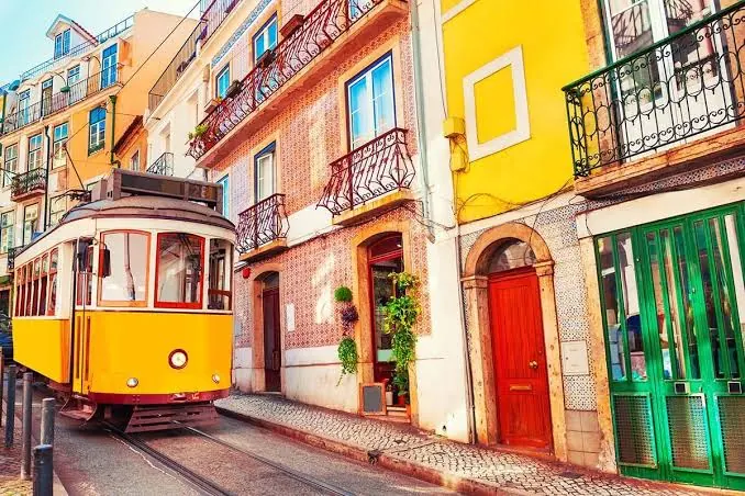 A yellow tram in Lisbon